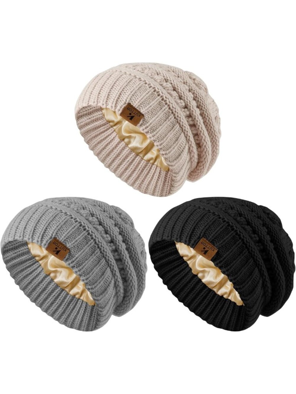 3-Pack Satin Lined Beanies for Women & Men | Soft Knit Winter Slouchy Caps